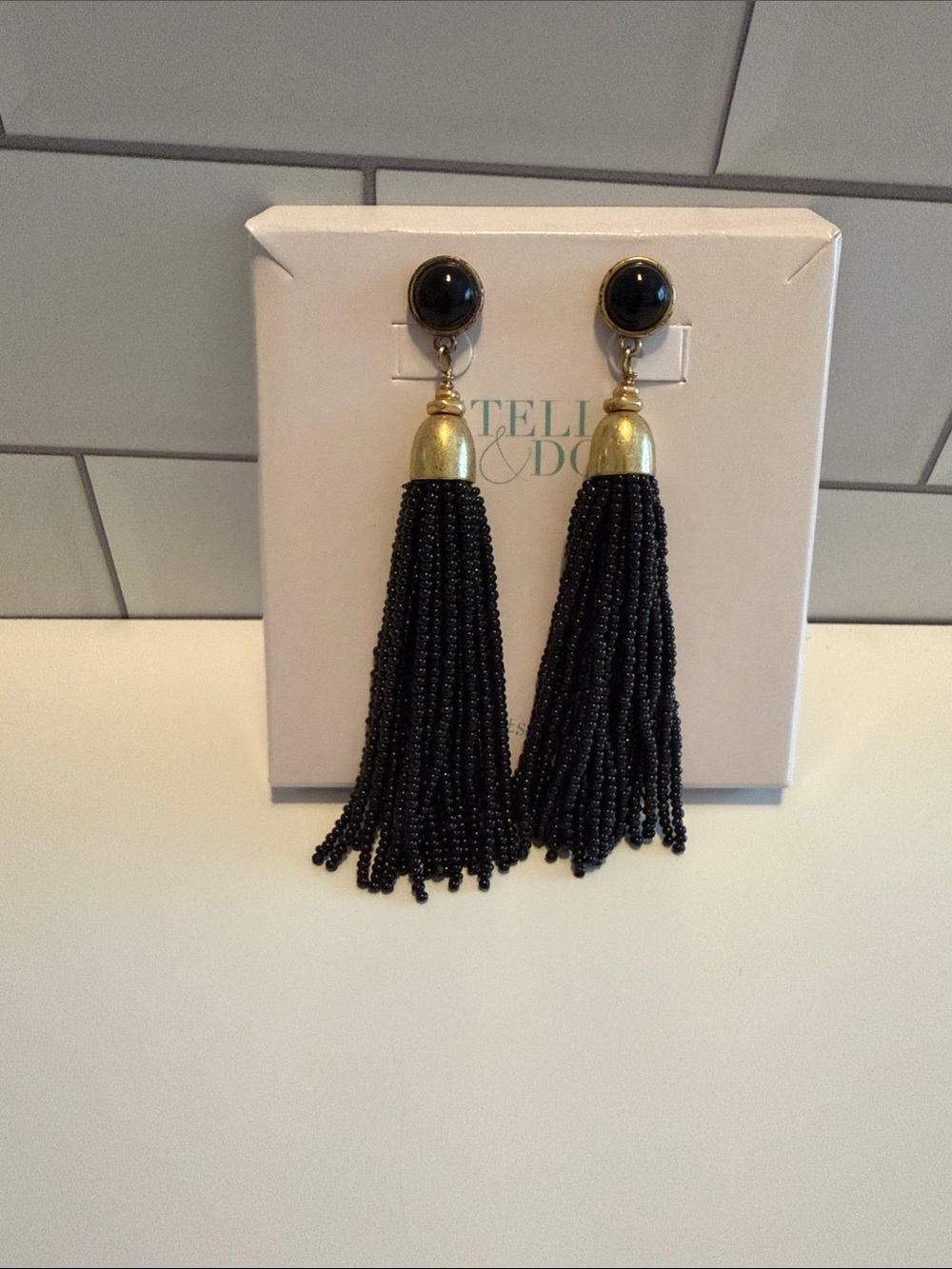 Stella & Dot Black and Gold Beaded Tassel Earrings